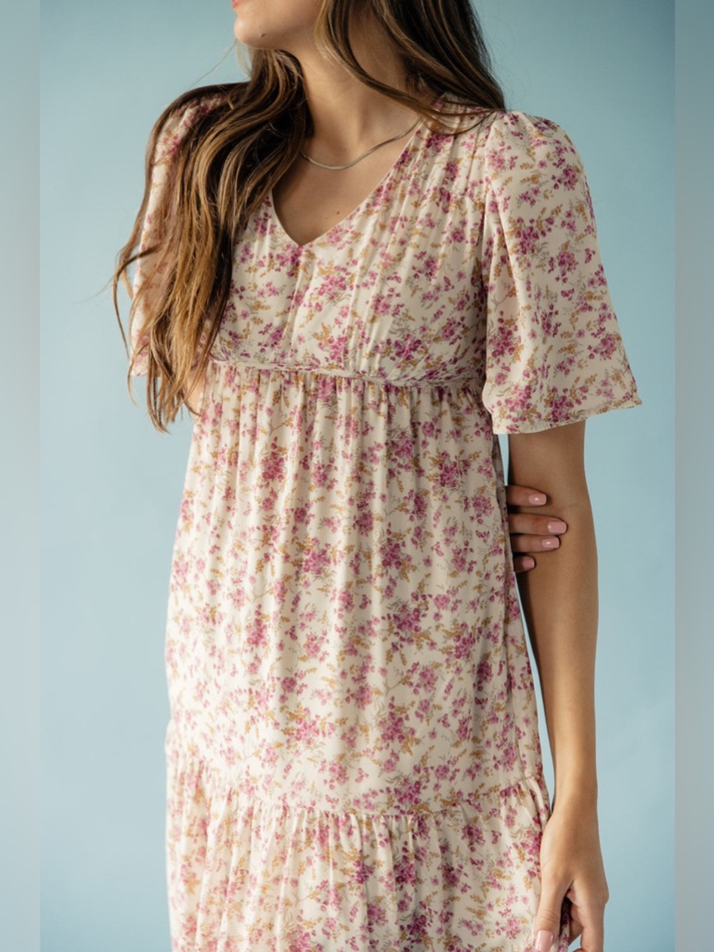 EUC Roolee Cream Midi Flutter Sleeve Tiered Dress with Pink Floral Print - Picture 3 of 14